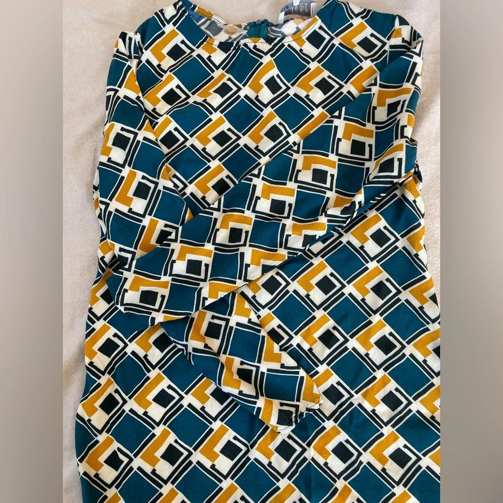 WAYF Long Sleeve Midi Tunic Dress Unlined Gold Turquoise Geometric Pattern - Picture 7 of 7